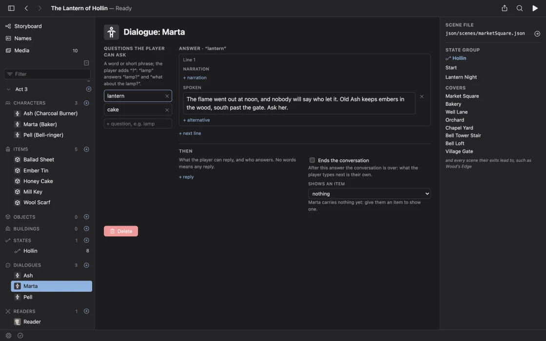 The dialogue editor for Marta, the baker: the questions the player can ask (“lantern”, “cake”) and her spoken answer to “lantern”, with the game's characters, items, state groups and dialogues listed in the sidebar.