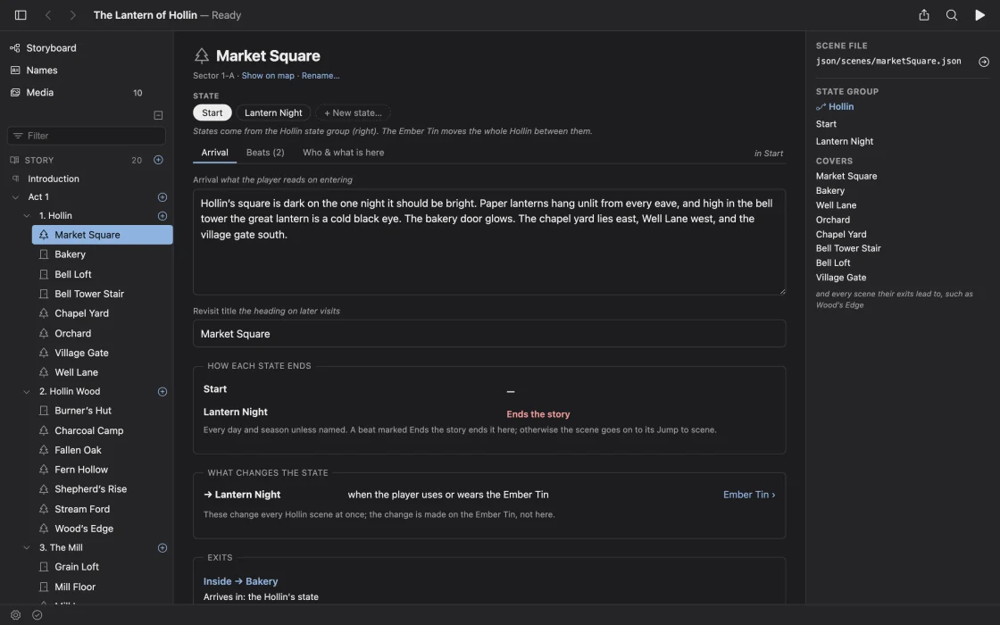 GrueWeaver's editor open on The Lantern of Hollin: the Story tree on the left, the scene Market Square in the middle with its states Start and Lantern Night and its arrival text, and the scene's file and state group on the right.