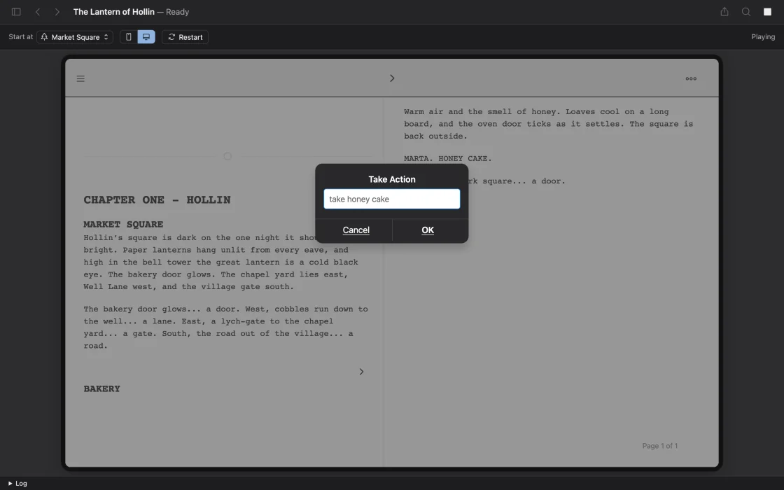 Play in GrueWeaver: The Lantern of Hollin open at Market Square as a two-page book, chapter one's text on the left, and a Take Action box holding the typed command “take honey cake”.