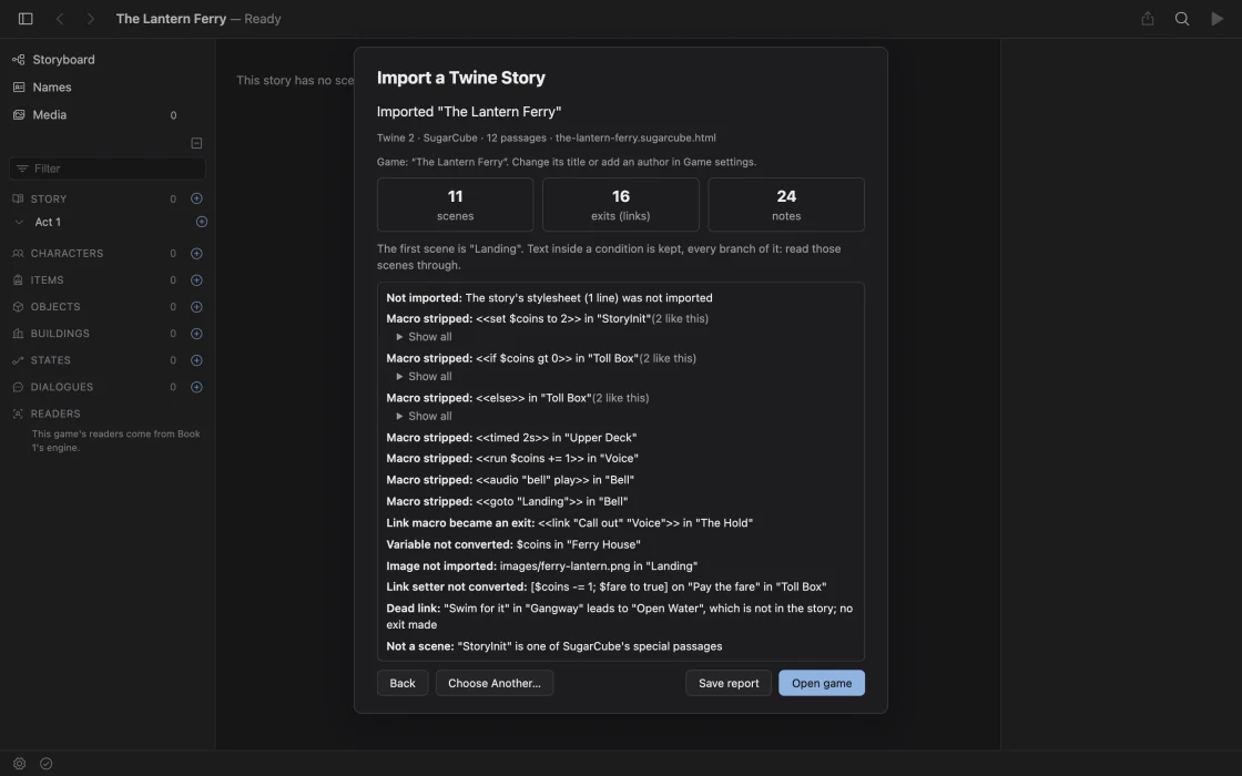 GrueWeaver's Import a Twine Story report for “The Lantern Ferry”: 11 scenes, 16 exits (links) and 24 notes, with a list of what was not imported or was stripped, such as macros, a variable and an image.